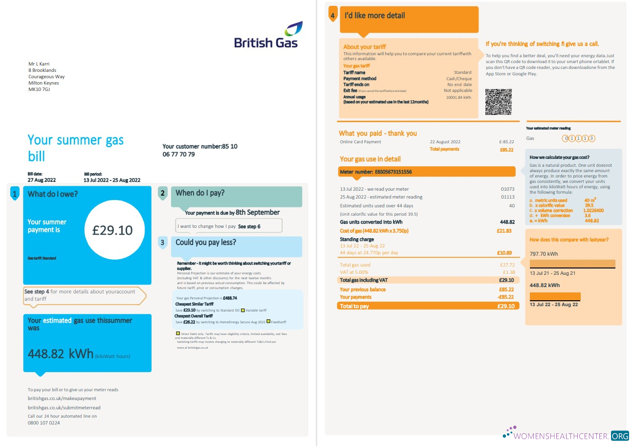 download United Kingdom British Gas utility bill, Word and PDF template, 4 pages 1 2 PDF template